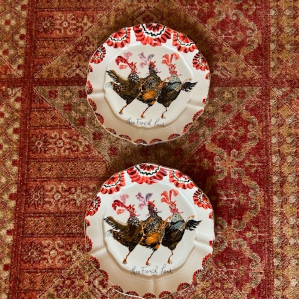ANTHROPOLOGIE INSLEE FARISS 3 FRENCH HENS XMAS PLATES - LIKE NEW